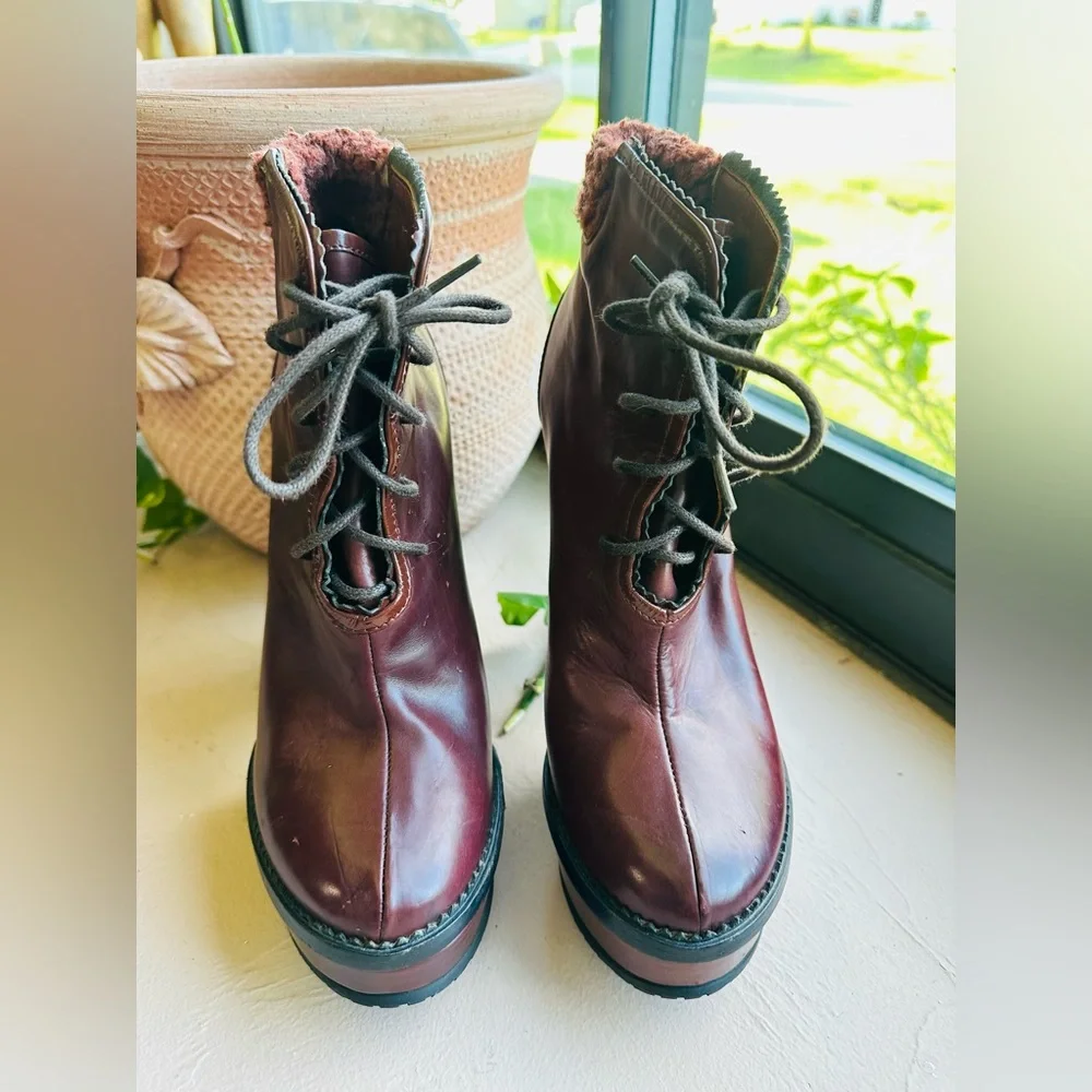 Opening Ceremony Victorian Laetitia 2 Lace Up Lug Boot Wine Retro Color SZ 38/US
